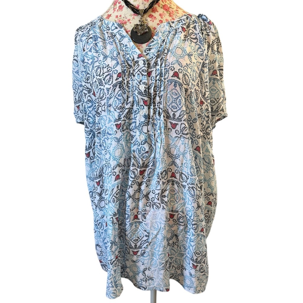 Cj Banks White & Blue Paisley Button Front Blouse